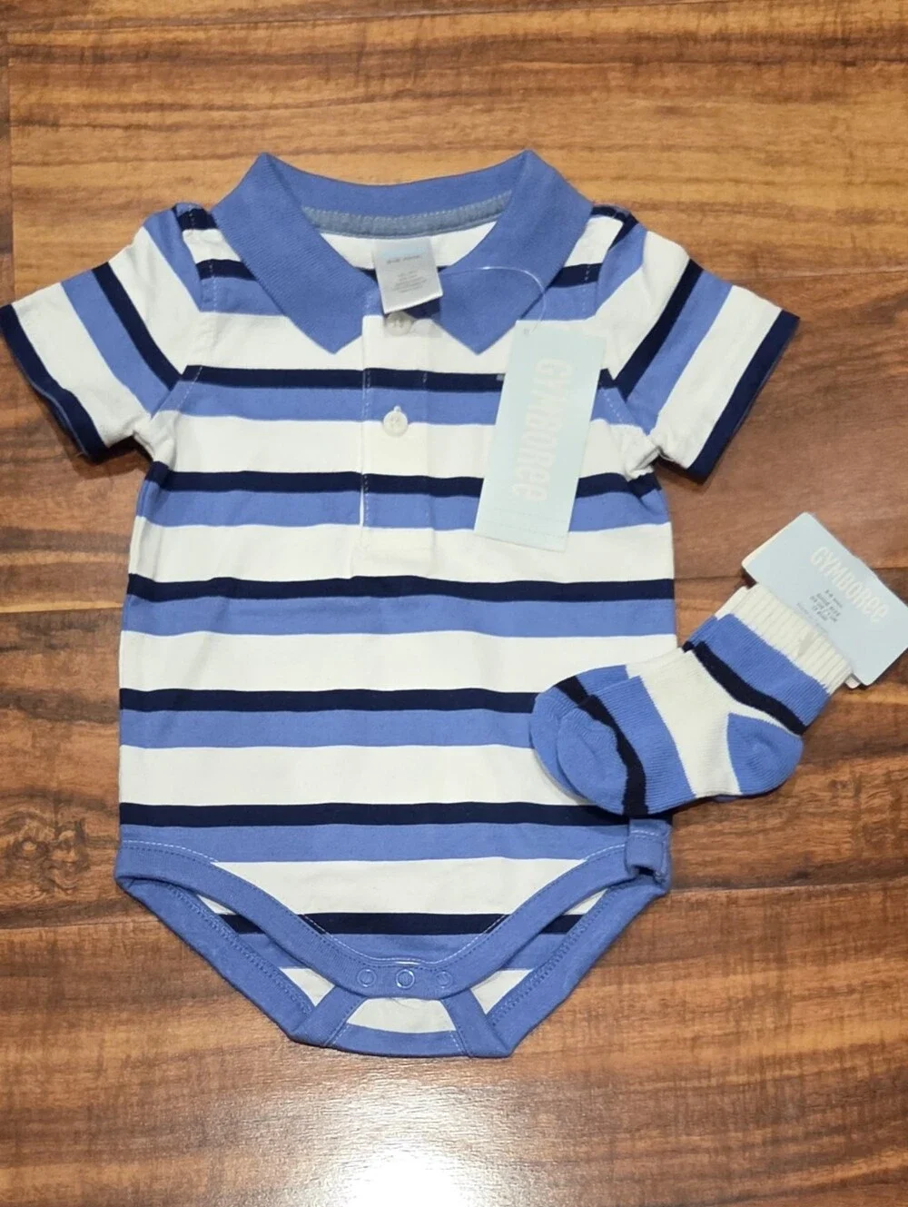 Gymboree NWT 3-6 Months Blue and White Striped Polo Bodysuit with Matching Socks